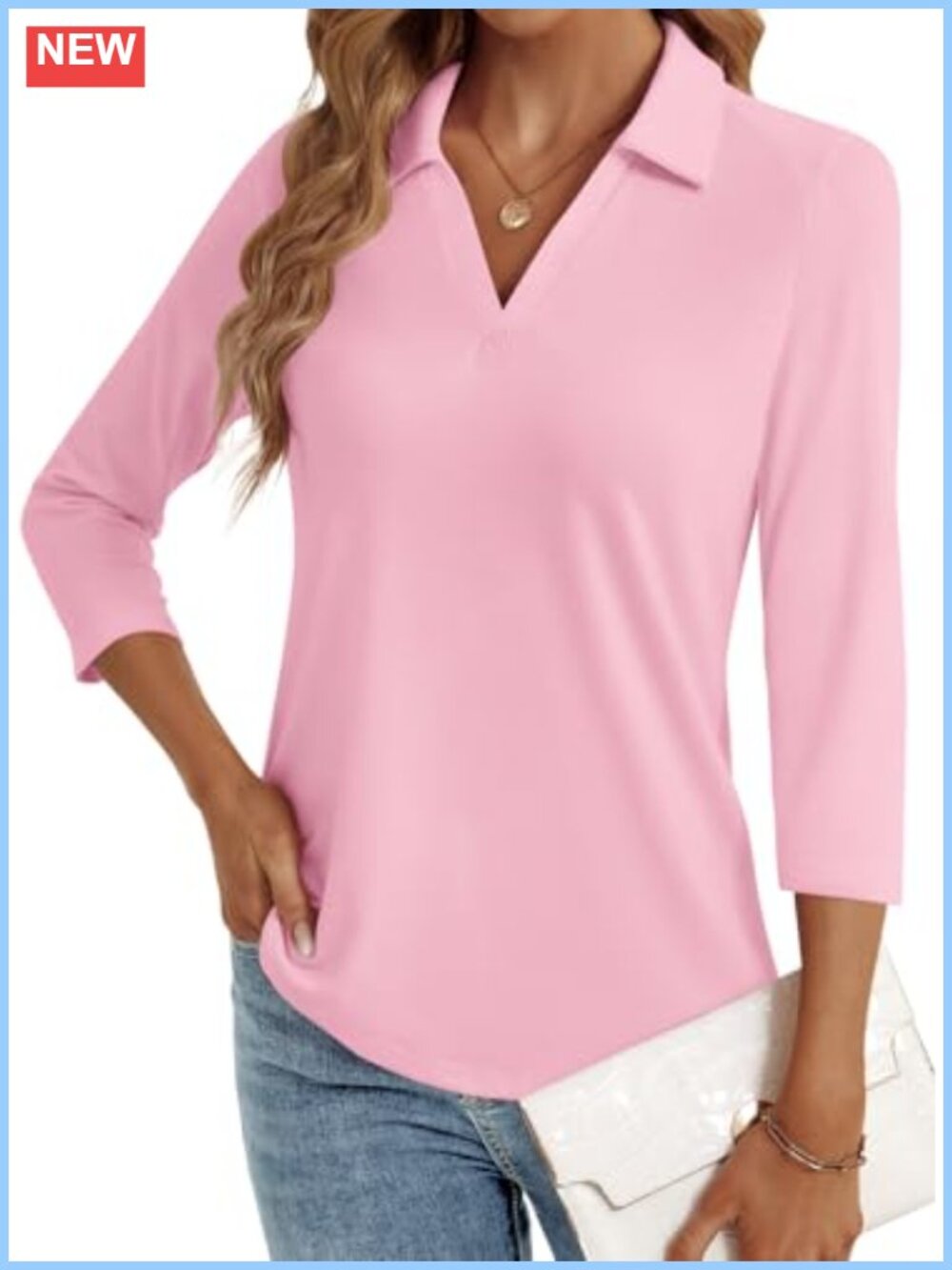 3/4 Sleeve V-Neck Polo Blouse Business Casual Womens Top